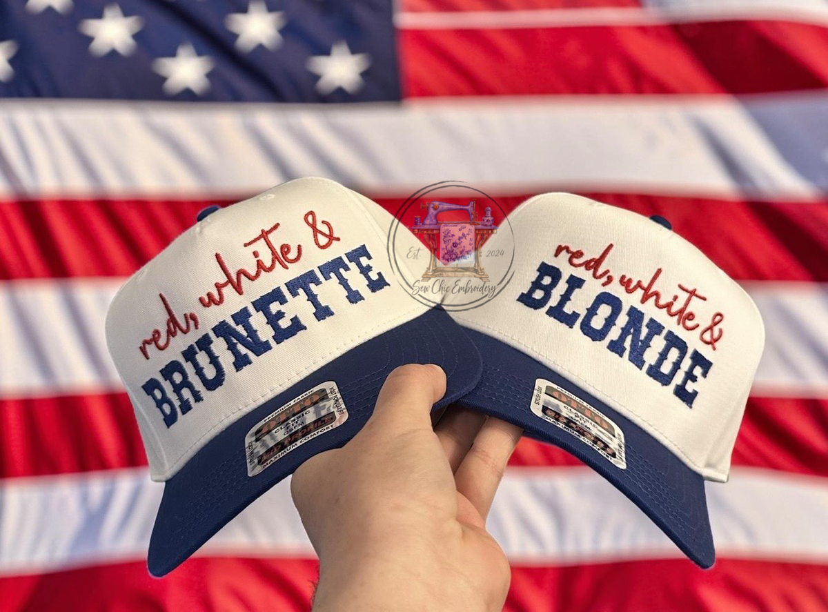 Red, White, and Brunette/Blonde Trucker Hat